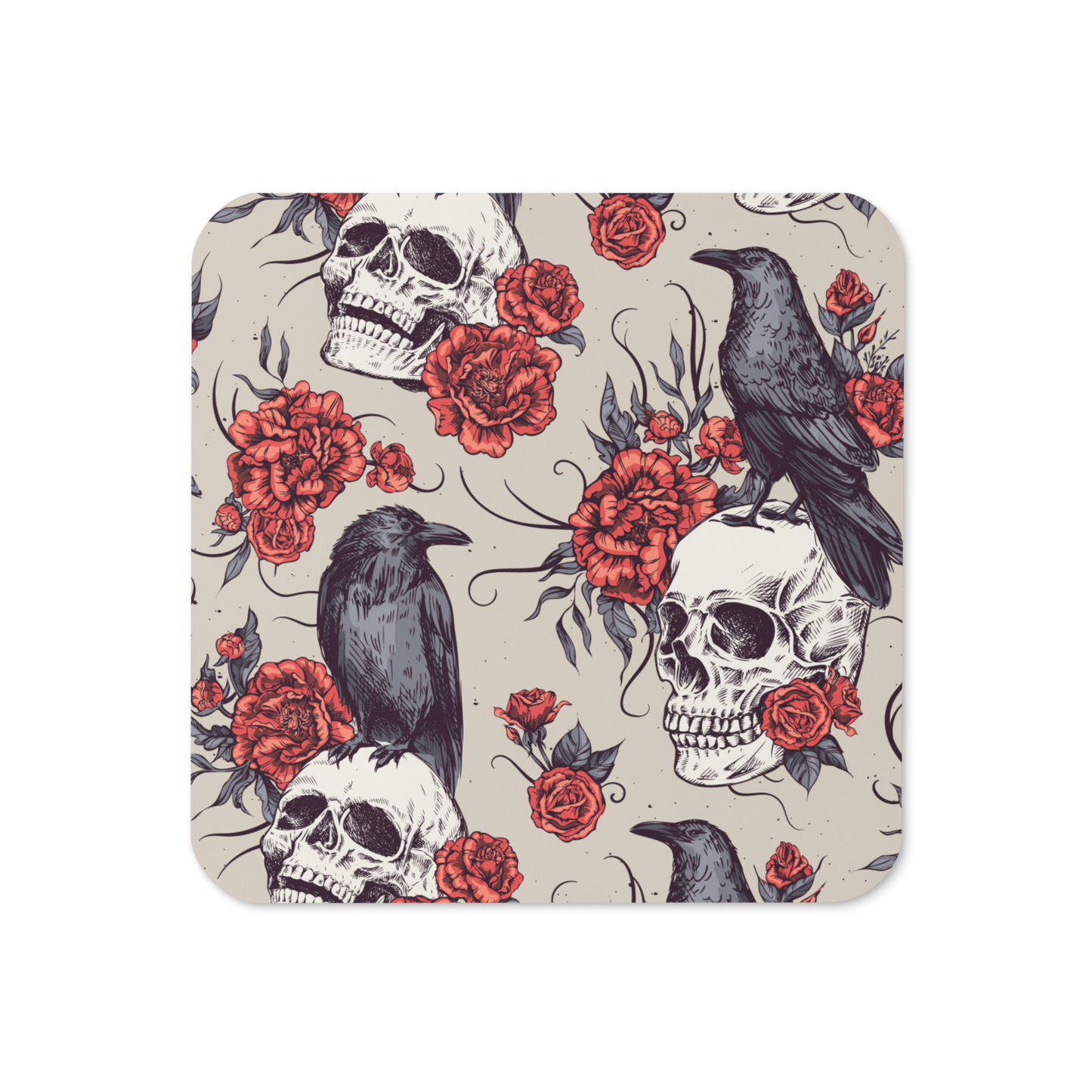 Raven with Skull Roses Cork-back coaster