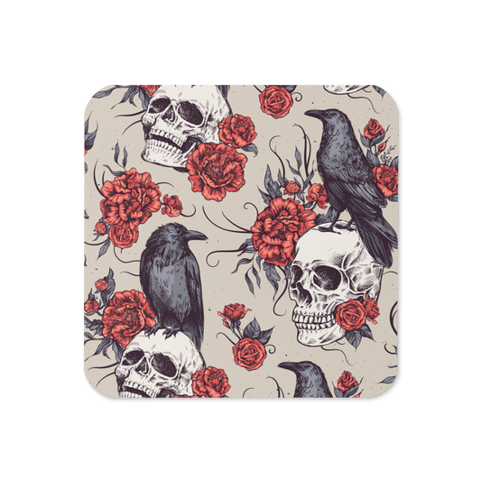 Raven with Skull Roses Cork-back coaster