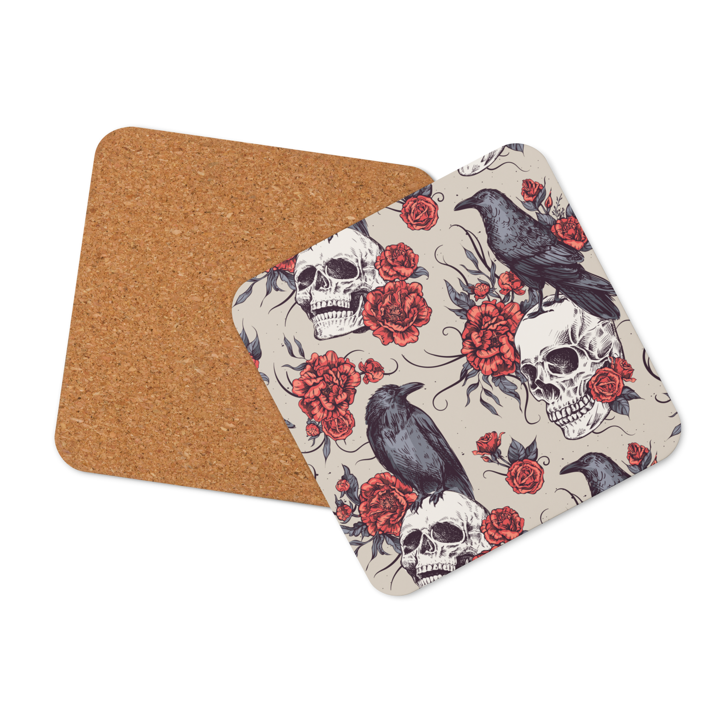 Raven with Skull Roses Cork-back coaster