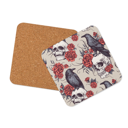 Raven with Skull Roses Cork-back coaster