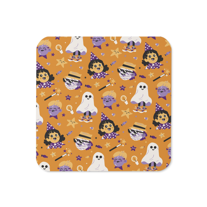 Cute Halloween Monsters (Orange) Cork-back coaster